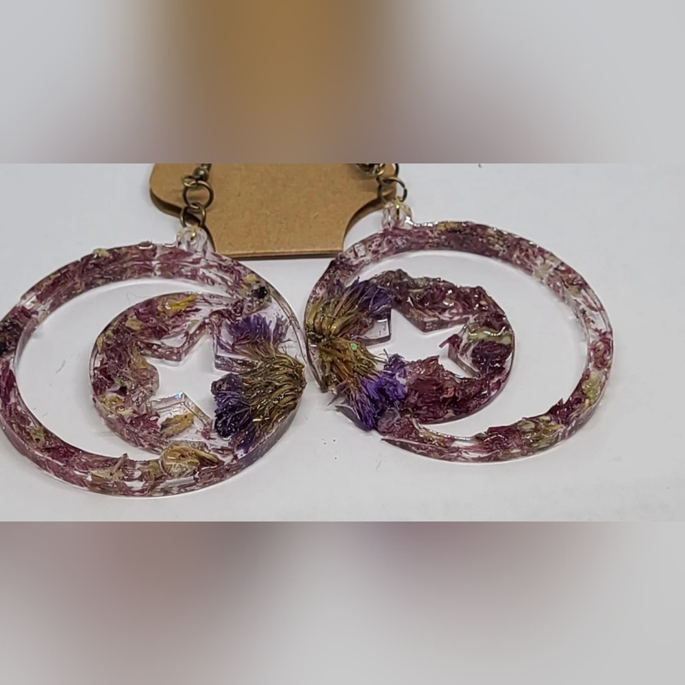 Violet and Forget-me-not Star and Moon Earrings